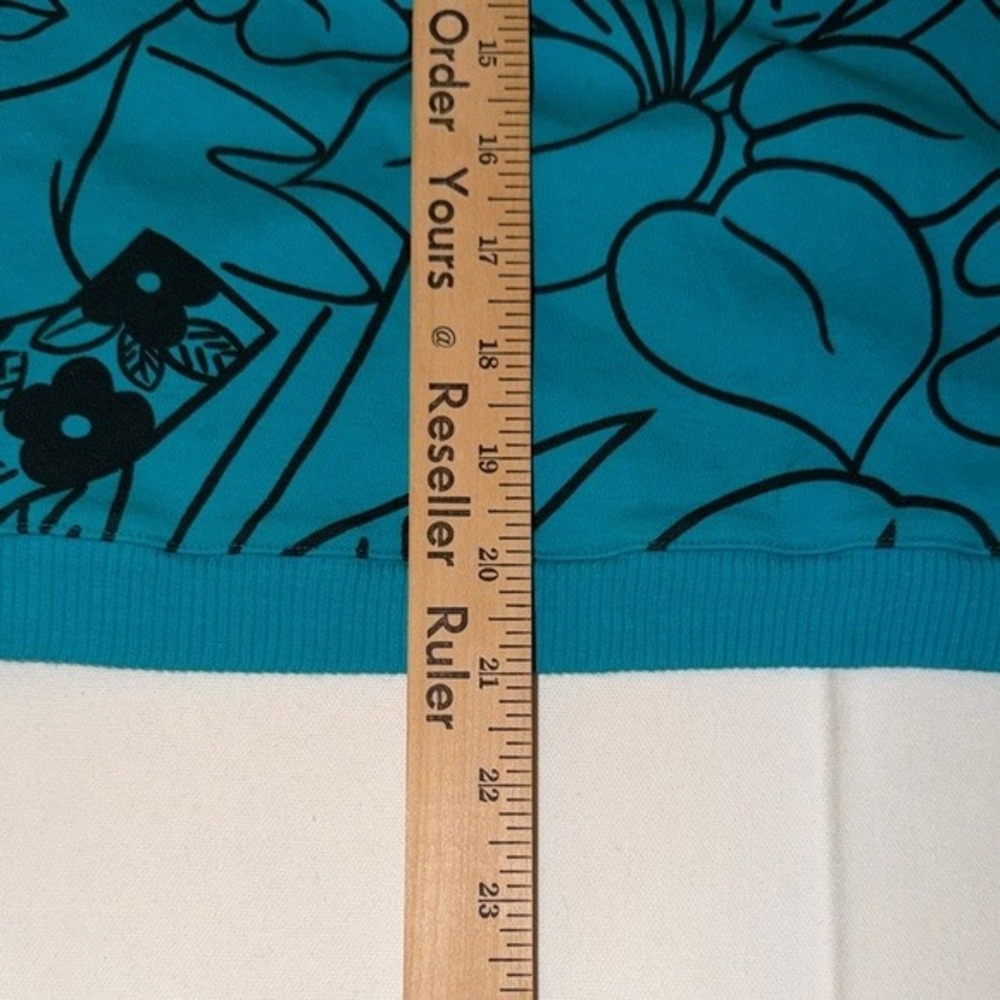 Jeanne Pierre Sweater Womens S Graphic Print Turquoise Blue Cotton Ribbed Trim - Picture 8 of 9